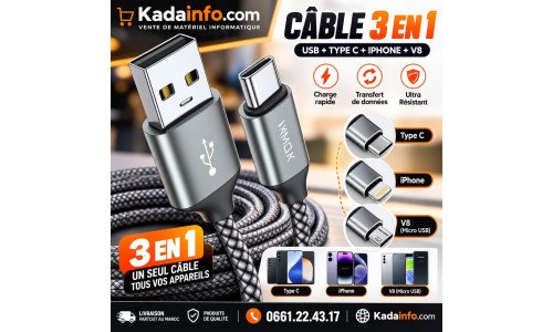 câble USB vers type c+  iphone +V8